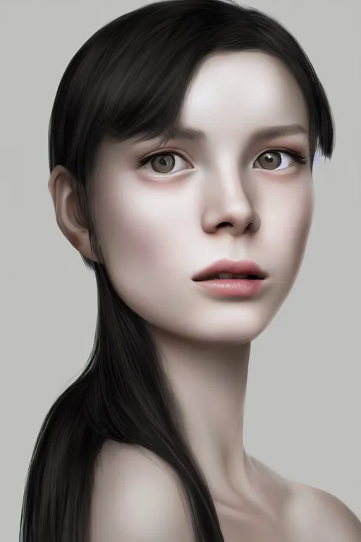 Prompt: picture portrait, young woman's face, long black hair, pale skin, digital render, super-detailed , by Goyo Hashiguchi