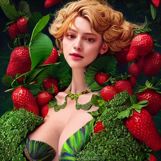 Image similar to the portrait of an absurdly beautiful, graceful, elegant, curvy woman made of strawberries and green petals, an ultrafine hyperdetailed illustration by kim jung gi, irakli nadar, intricate linework, bright colors, octopath traveler, final fantasy, angular, unreal engine 5 highly rendered, global illumination, radiant light, detailed and intricate environment