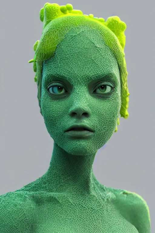 Prompt: epic 3 d sculpture of trans model, mesh headdress, 2 0 mm, with pastel yellow and pastel green bubbles bursting, perlin noise melting into bulbasaur, delicate, beautiful, intricate, houdini sidefx, artstation, by jeremy mann and ilya kuvshinov, jamie hewlett and ayami kojima