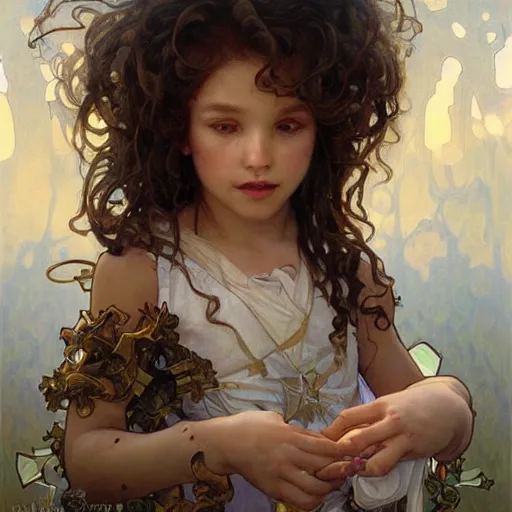 Prompt: a little girl with curly brown hair, assimilated by the borg. painting by artgerm and greg rutkowski and alphonse mucha.