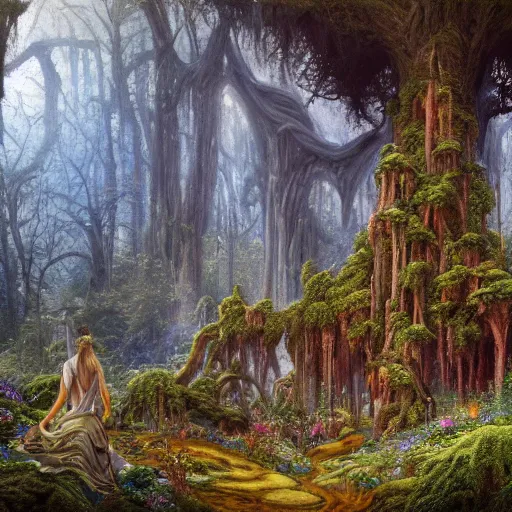 Prompt: a beautiful and highly detailed oil painting of an overgrown elven forest temple in the misty mountains, detailed plants and trees and flowers, intricate details, epic scale, insanely complex, 8 k, sharp focus, hyperrealism, fantasy landscape, psychedelic, by caspar friedrich and james gurney,