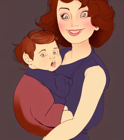 Prompt: a mother with short shoulder length dark auburn hair, short and curvy and a slightly chubby face holding her infant son with short brown hair full color digital illustration in the style of don bluth, artgerm, artstation trending, 4 k