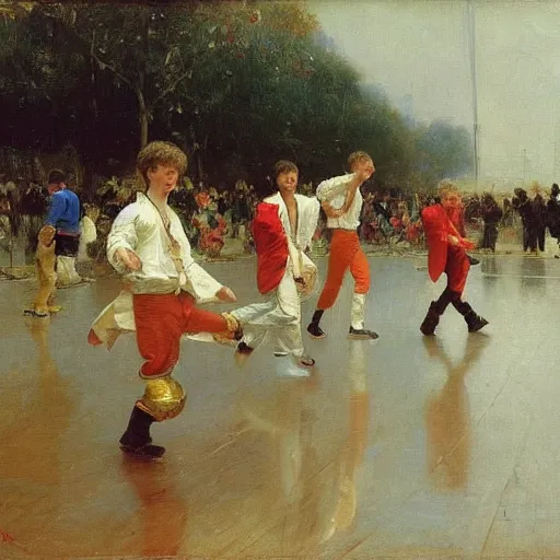 Prompt: a group of teenage boys doing the moonwalk. Ilya Repin and Ruan Jia.