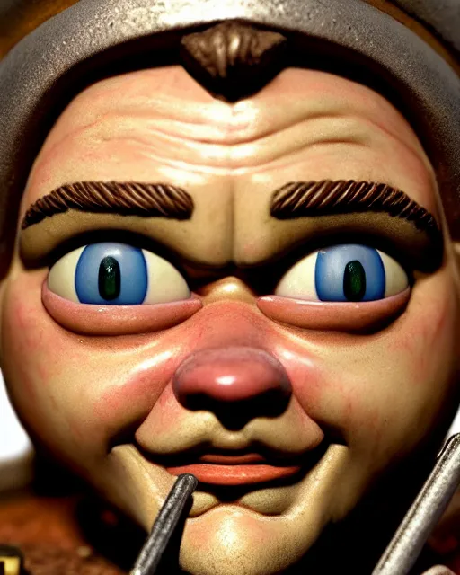 Image similar to highly detailed closeup, face profile portrait of a tin toy leonardo dicaprio as a medieval goblin eating cakes in a castle, hyper realistic, artstation, illustration, nicoletta ceccoli, mark ryden, lostfish, dan decarlo, bob clampett, max fleischer, digital paint, matte paint, vivid colors, detailed and intricate environment