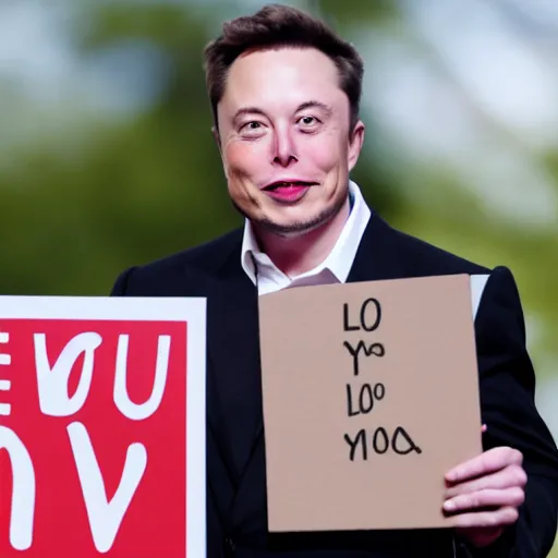 Image similar to Elon Musk holding a sign saying I Love You, highly detailed, high quality, HD, 4k, 8k, Canon 300mm, professional photographer, 40mp, lifelike, top-rated, award winning, realistic, sharp, no blur, edited, corrected, trending