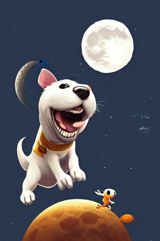 Image similar to cute jack black and white russel terrier jumping over a smiling moon, large round eyes, concept art, game art, character sheet, character design, by cory loftis and bill schwab