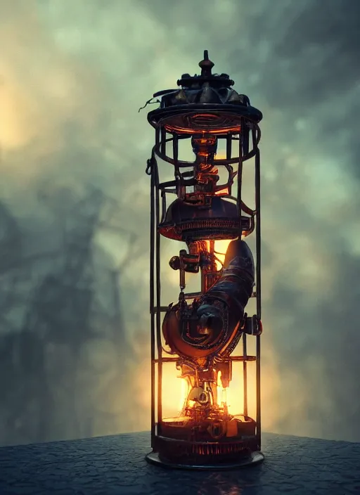 Image similar to steampunk lavalamp, intricate detail, volumetric lighting, epic composition, hyper detailed, ultra realistic, sharp focus, octane render, blue moon, volumetric, ray tracing, artstation trending, cgsociety, sense of awe, swirling mist, 4 k