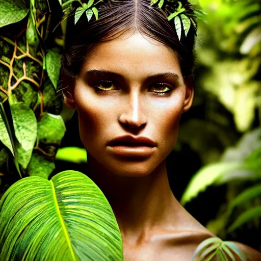 Prompt: photographic portrait of a stunningly beautiful amazonian tribal female face in amongst the jungle foliage, leaves, flowers, vines, contemporary fashion shoot, by edward robert hughes, annie leibovitz and steve mccurry, david lazar, jimmy nelsson, breathtaking, 8 k resolution, extremely detailed, beautiful, establishing shot, artistic, hyperrealistic, beautiful face, octane render