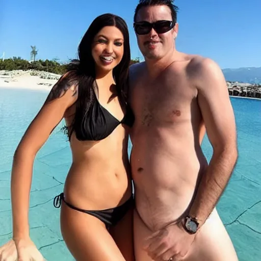 Image similar to photo of a 4 0 year old man that looks young for his age dating a very attractive 2 2 year old woman wearing a bikini. they are at a subrban house.