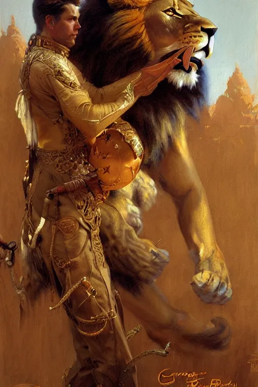 Image similar to lion tamer, highly detailed painting by gaston bussiere, craig mullins, j. c. leyendecker 8 k