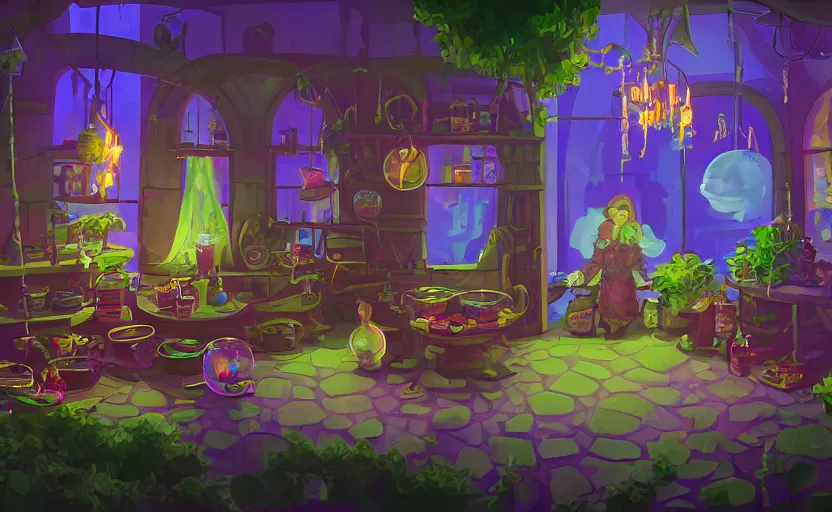 Prompt: interior of a witch's shop, bottles of potions, a large cauldron with bubbles, lush vegetation, a counter with a cash register, artstation, concept art by peter chan, colorful lighting, pixel art