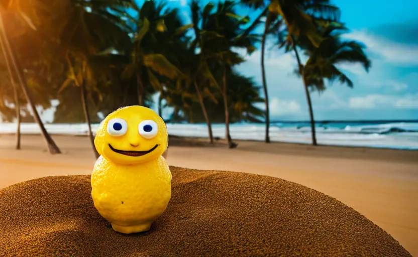 Prompt: 5 0 mm photograph, of a real anthropomorphic lemon character, fit body, with lemon skin texture, it is wearing a hat and scuba diving, building a sandcastle on the beach at sunset, beach, huge waves, sun, clouds, tropical trees, rim light, cinematic photography, professional, sand, sandcastle, volumetric lightening