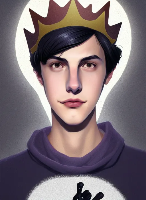 Image similar to portrait of teenage jughead jones wearing a light grey crown, crown, hamburger background, eyes closed, crown, black hair, intricate, elegant, glowing lights, warm lighting, highly detailed, digital painting, artstation, concept art, smooth, sharp focus, illustration, art by wlop, mars ravelo and greg rutkowski