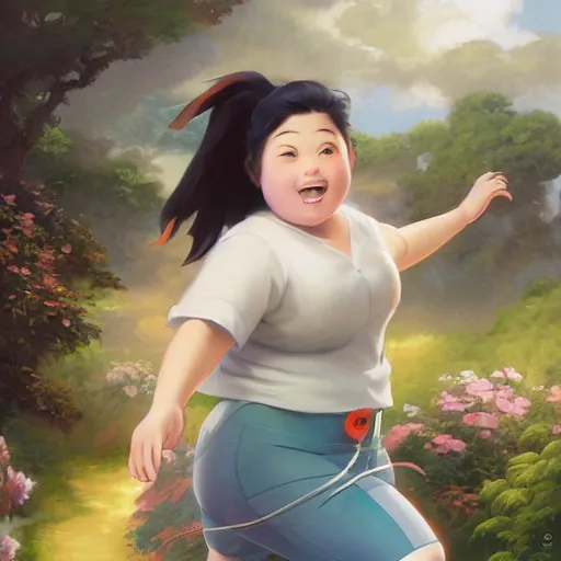 Image similar to portrait of a chubby taiwanese woman running, an oil painting by ross tran and thomas kincade, studio ghibli