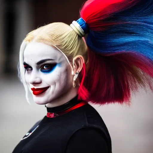 Image similar to portrait photo still of real life harley quinn, 8 k, 8 5 mm f 1. 8