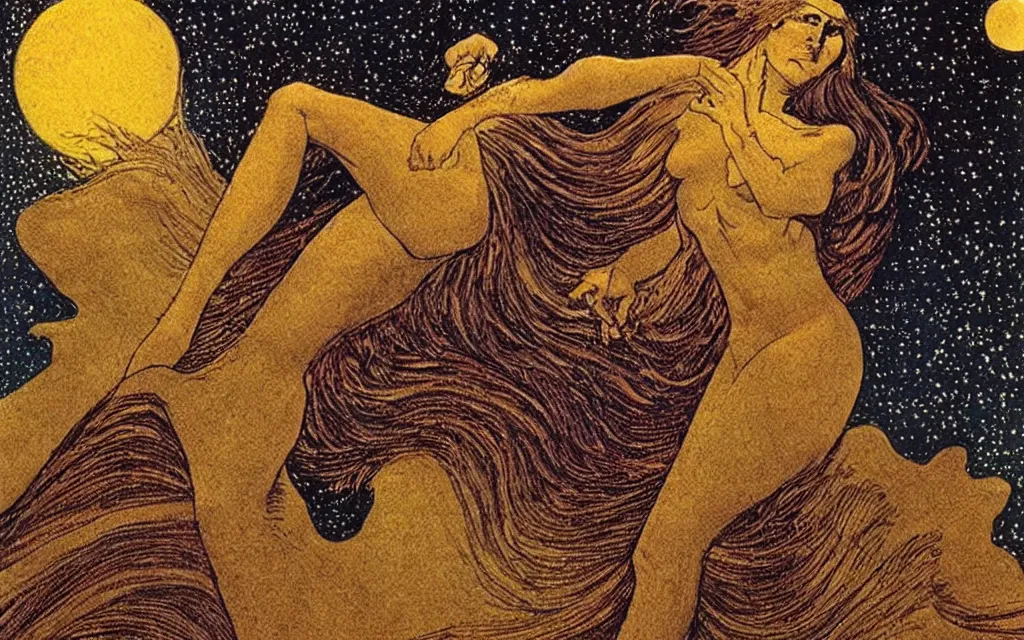 Prompt: the sandman in his true form, made of sand and stars by carlos schwabe and frank miller