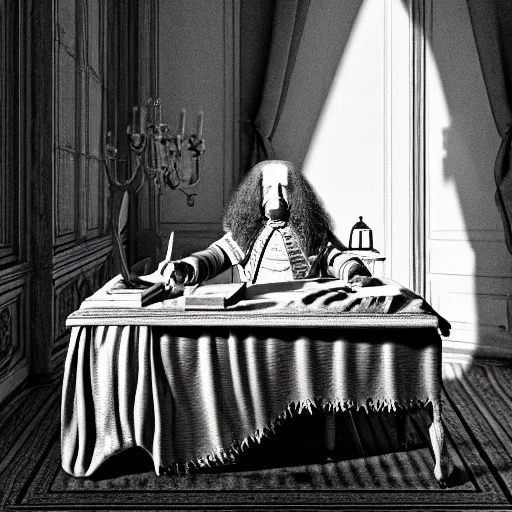 Prompt: An extremely detailed render of a mummy sitting at a Louis XIV desk, with very old curtains in the room. The desk has a 1880 phone on it. Dusty air, god rays, raytracing shadows, ambient occlusion, 8K, RTX 3090, trending on artstation, lumens