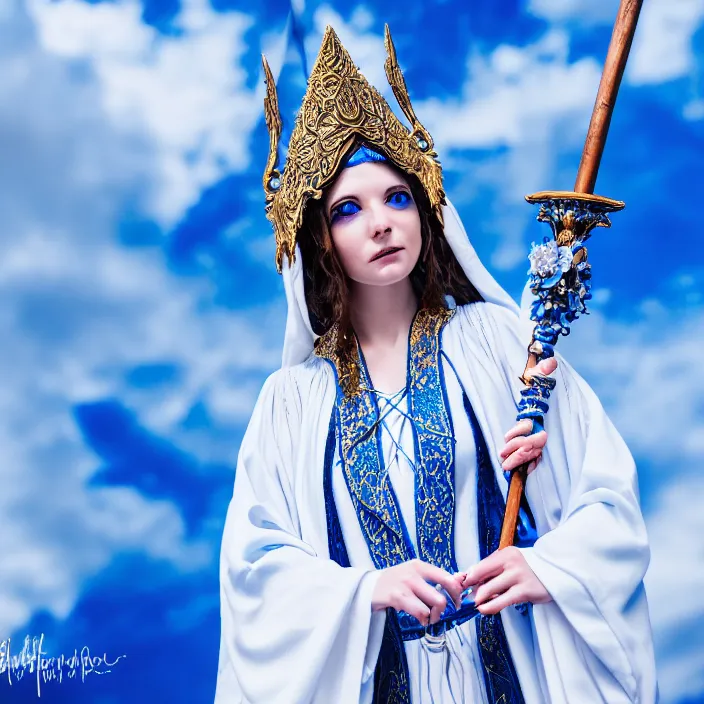 Image similar to photograph of a real-life beautiful sky witch with ornate white and blue robes and staff. Extremely detailed. 8k