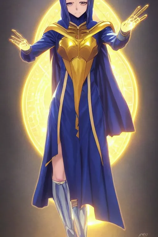 Image similar to anime key visual of a beautiful young female doctor fate!! intricate, gold and blue suit, cape, glowing, powers, dc comics, cinematic, stunning, highly detailed, digital painting, artstation, smooth, hard focus, illustration, art by artgerm and greg rutkowski and alphonse mucha