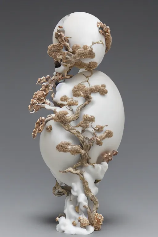 Image similar to a beautiful crafted and rendered porcelain sculpture, japanese, influenced, thast is turning itself inside, rotated, hyperrealistic and high details and minimalistic ornaments