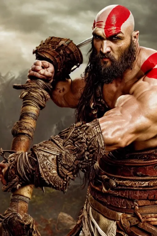 Image similar to film still from god of war, a highly detailed beautiful closeup photo of jason momoa kratos with long windblown wet hair holding a sword and fighting zombies on a pile of human skulls, spartan warrior, olympian god, muscular!,, action pose, ambient lighting, volumetric lighting, octane, fantasy