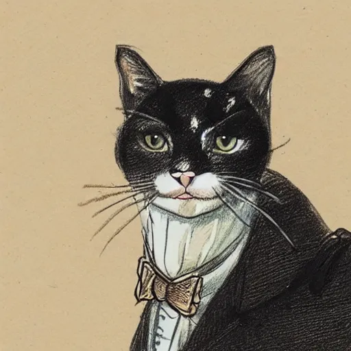 Image similar to a hatched sketch of a cat wearing napoleon's clothing