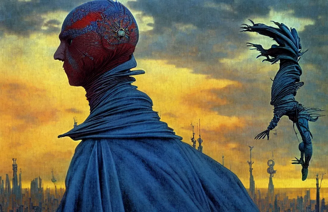 Prompt: realistic detailed portrait movie shot of a birdman wearing dark ragged robes, futuristic city sunset landscape background by denis villeneuve, amano, yves tanguy, alphonse mucha, ernst haeckel, max ernst, roger dean, ridley scott, dramatic dynamic composition, rich moody colours, blue eyes