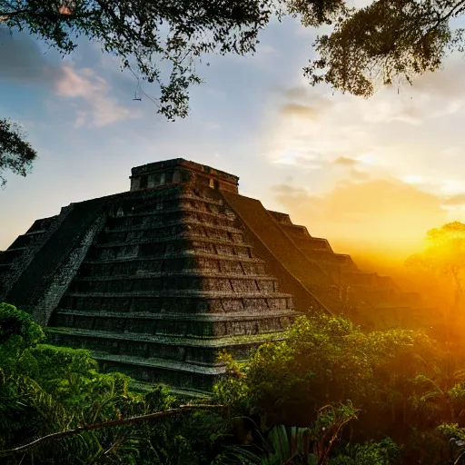 Image similar to Sunrise in the jungle over an ancient Mayan city.