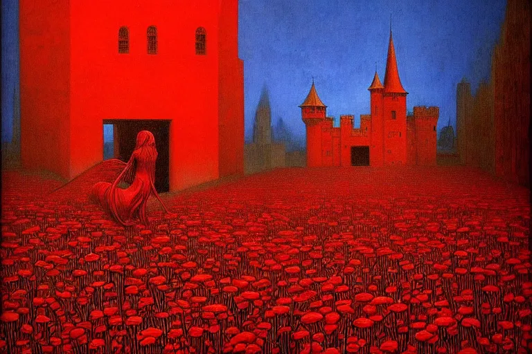 Image similar to only with red, red flowers of different types, a red tiger, a castle in the background, medieval demons dance over the flowers, an ancient path, in the style of beksinski, part by hopper, part by rodcenko, part by hofbauer, intricate composition, red by caravaggio, insanely quality, highly detailed, masterpiece, red light, artstation