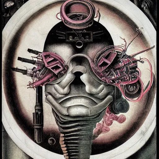 Image similar to post - punk album cover, asymmetrical design, dollar bank, new age, apocalypse, psychedelic, black white pink, magic, giger h. r., giuseppe arcimboldo