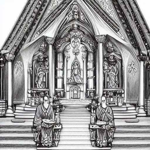 Image similar to finished pencil drawing of an intricate detailed church temple catholic buddhist, complete, pencil drawing