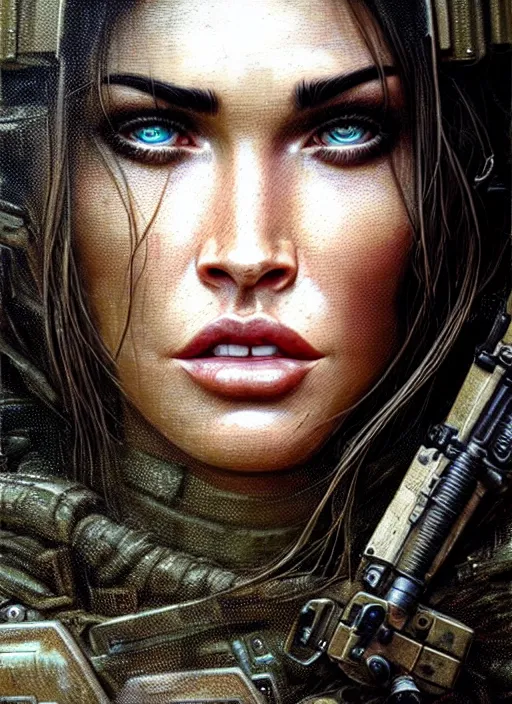 Image similar to closeup portrait shot of megan fox swat team soldier in a scenic dystopian environment, intricate, elegant, highly detailed, centered, digital painting, artstation, concept art, smooth, sharp focus, illustration, artgerm, tomasz alen kopera, peter mohrbacher, donato giancola, joseph christian leyendecker, wlop, boris vallejo