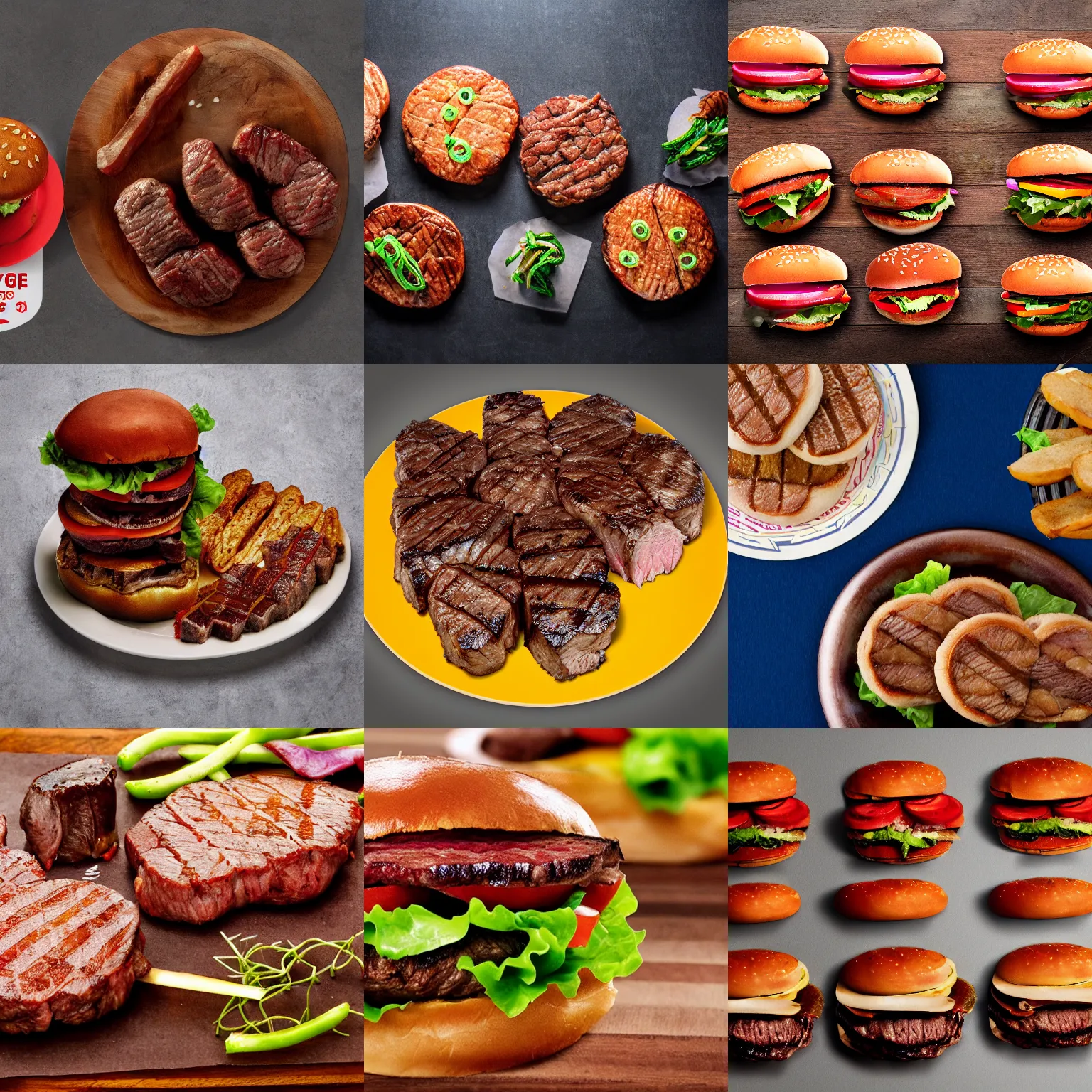 Prompt: hamburger composed of 1 0 steaks