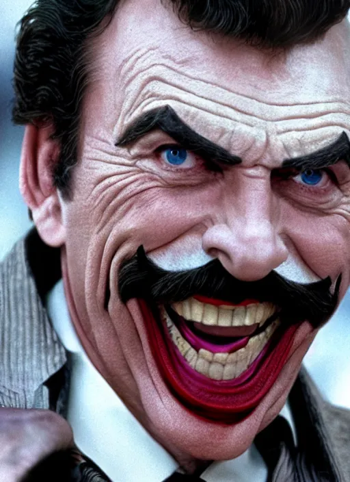 Image similar to film still of tom selleck as the joker in the dark knight, 4 k