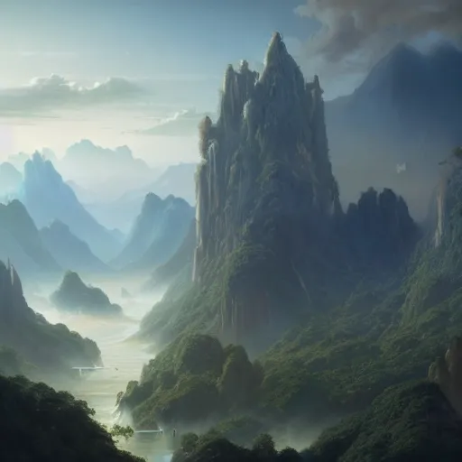 Prompt: a beautiful matte painting of between heaven and earth, wind and clouds, tsunamis, magnificent mountains and rivers, huge palaces and castles ， morning sun, hanging gardens ， magnificent and very vast. greg rutkowski ， eddie h. hinestroza ， clarity, 4 k hd