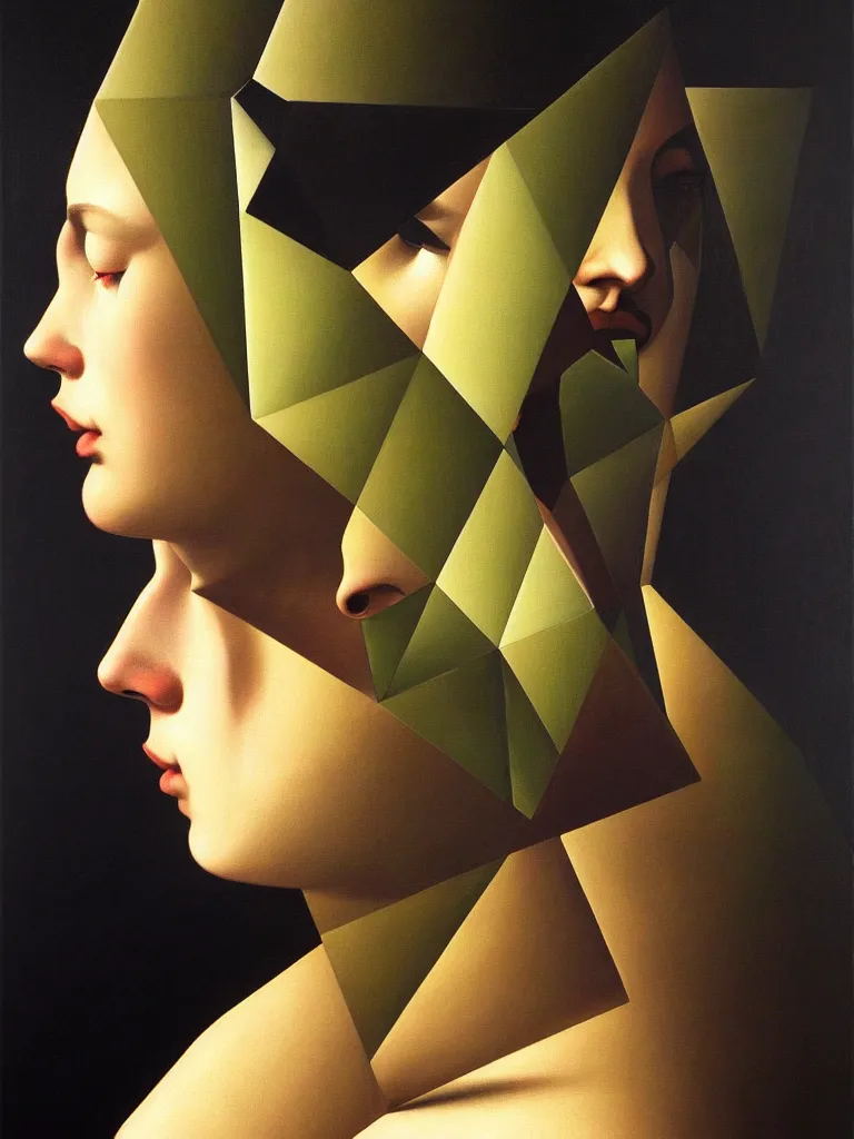 Image similar to hyperrealistic still life portrait woman's face in profile, beautiful plants, sacred geometry, light refracting through prisms in a tesseract, by caravaggio, botanical print, surrealism, vivid colors, serene, golden ratio, rule of thirds, negative space, minimalist composition, by rene magritte and greg rutkowski