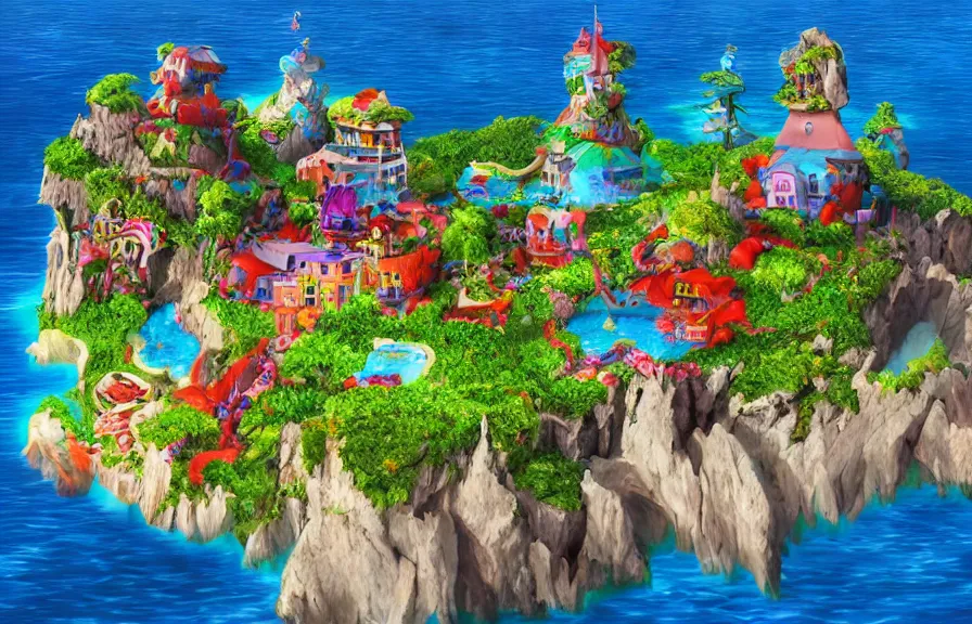 Image similar to an entire island made out of candy, candied island, photorealistic digital art, fantasy and realistic concept art, dynamic lighting, air view, beautiful scenery