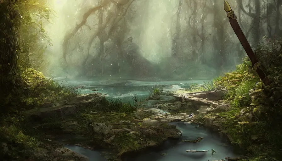 Image similar to sword stuck in a pond island, rainy enchanted forest of the ancients, moody high exposure, digital painting, concept art, photoshop speedpaint, by lihangw