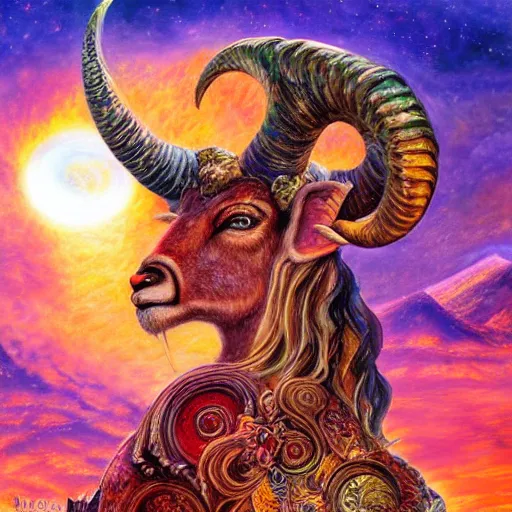 Image similar to horned ram goddess by josephine wall, checking her cell phone, erupting volcano and sunset in distance, flowers in foreground, trending on artstation, by senior concept artist, fantasy, zodiac, 8 k