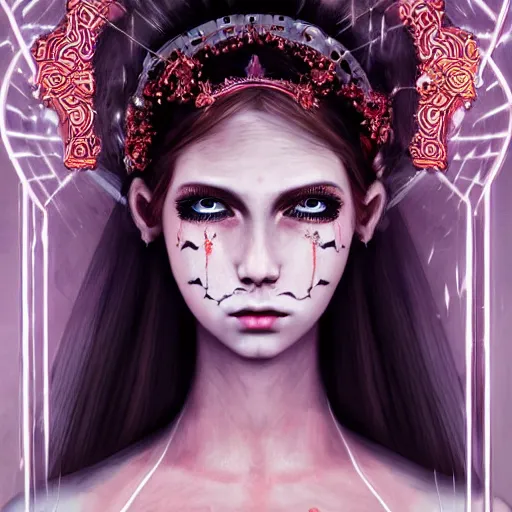 Image similar to symmetrical portrait of a beautiful dead princess female 4K symmetrical portrait, magical,fantasy , final fantasy, whole body, hyperrealism, cyberpunk, concept art, realistic, highly detailed, Featured on Artstation, cgsociety, Behance, Tom Bagshaw, Ross Tran, Japan Taiwan ,Soft lighting, attractive, highly detailed. intricate details. trending on artbreeder | zdzislaw beksinski. dariusz zawadzki. Michael Hutter. Peter Mohrbacher. Alfons Mucha. artstation