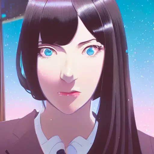 Image similar to a portrait of a beautiful girl with long black hair and bangs, wearing 1940's fashion, she has dark brown eyes and pale skin, she is facing towards the camera, city at nightime background, low-key neon lighting, 4k, HQ, official media, anime key visual, makoto shinkai, ilya kuvshinov, lois van baarle, rossdraws, detailed, trending on artstation