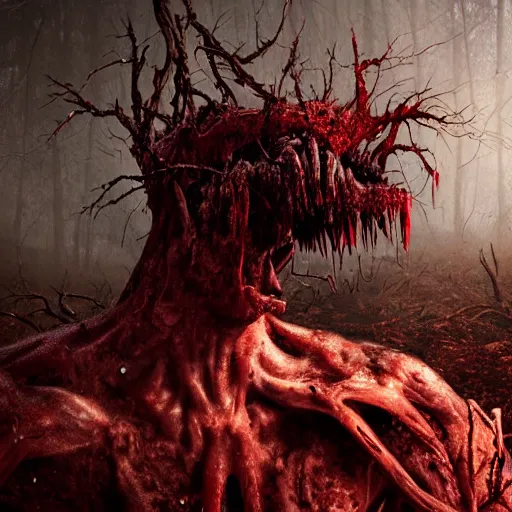 Prompt: A realistic detailed photo of a creepy demon, blood, exploded belly, red eyes, destroyed body, dead skin, dead trees, detailed body, teeth filled with cavities, foggy landscape, creepy, light particles, detailed light, realistic shaders, trending on artisation, detailed textures, detailed, realistic.