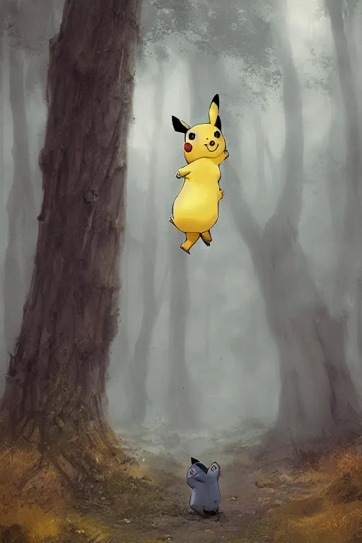 Image similar to Pikachu in the forest, horror, illustrated by Greg Rutkowski and Caspar David Friedrich, Trending on artstation, artstationHD, artstationHQ