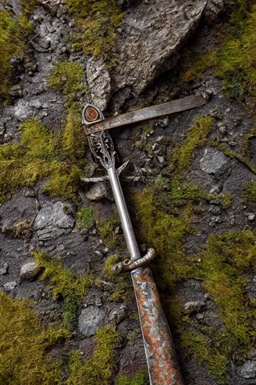 Image similar to a portrait of a rusty longsword stuck in stone, fantasy setting, rust and corrosion, moss and vegetation, ancient forest, excalibur, close - up, intricate details, intricately detailed textures, warm lighting, vivid colors, smoke and mist, hyper realistic octane render, volumetric shading, depth of field, raytracing, 8 k,