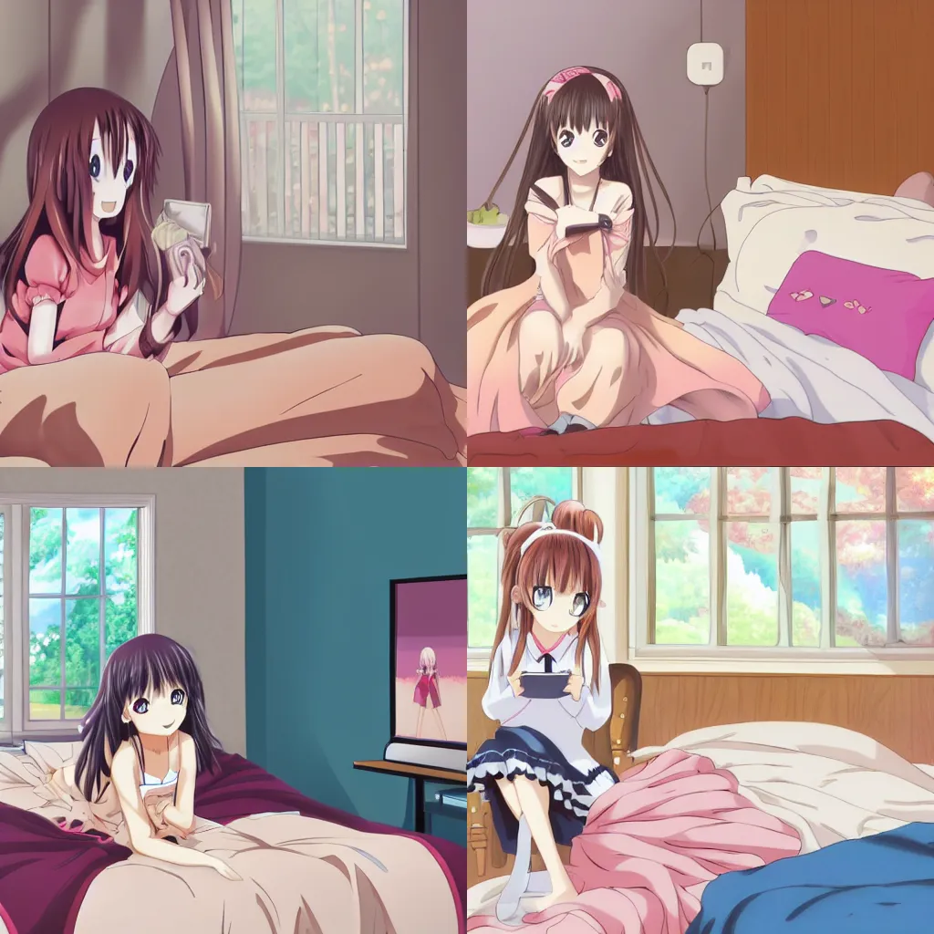 Prompt: cute art of anime girl watching anime inside a bedroom