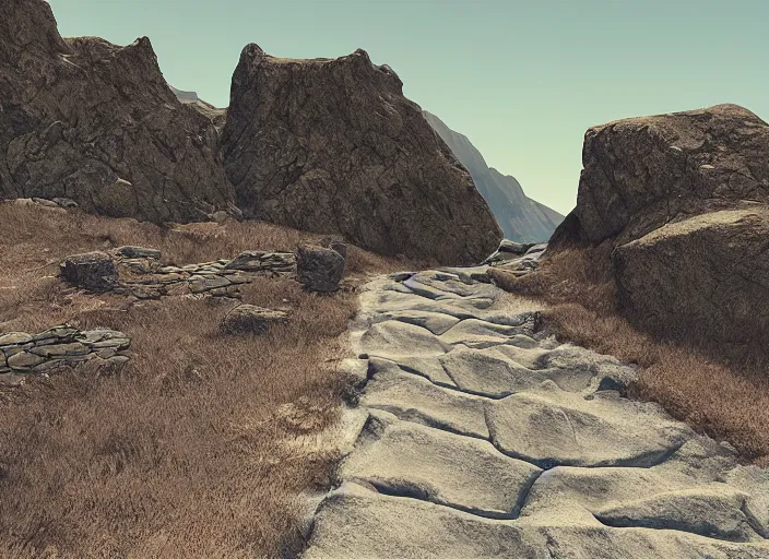 Image similar to pathway between mountains, rocks unreal engine render