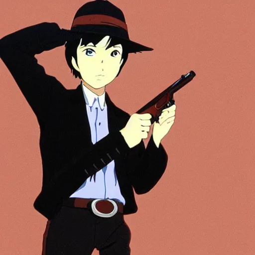 Prompt: a man in black posing while holding a pistol, by Studio Ghibli