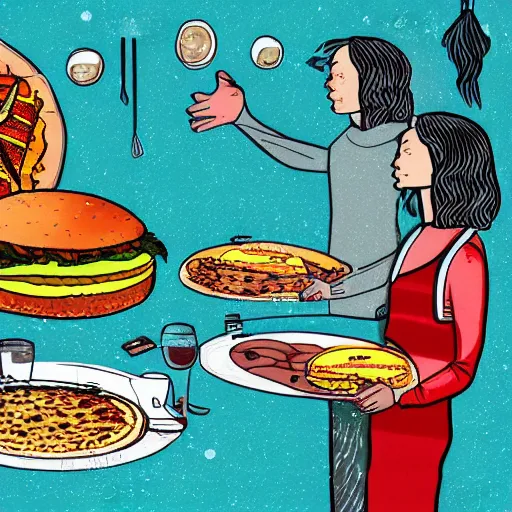 Prompt: aliens making first contact with humans and having a thanksgiving style feast with a table full of pizza, hamburgers, and fried chicken. digital art. faded colors. americana.