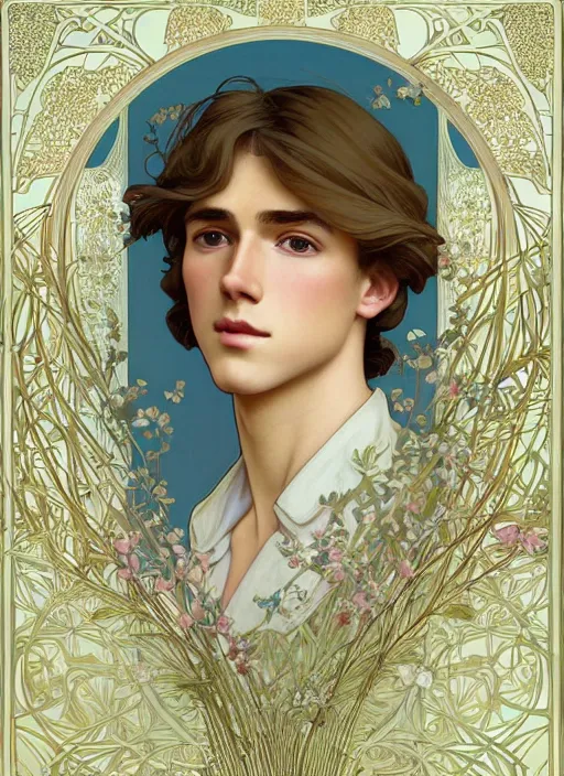 Image similar to pretty young man with shoulder length shiny shimmering golden blond hair, half body shot, emotional, decorative flower patterned background, path traced, highly detailed, high quality, digital painting, by studio ghibli and alphonse mucha, leesha hannigan, hidari, disney, jules bastien - lepage, art nouveau