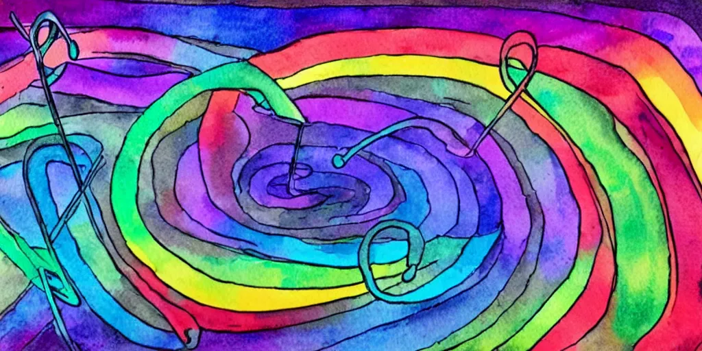 Prompt: musical notes in a prism rainbow, a curvy staff of musical notation flowing out of a prism rainbow. comic book watercolor, in the style of Pink Floyd Dark Side of the Moon